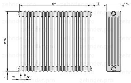 Схема (чертеж) Радиатор Zehnder Charleston 5220/19 №3370 Белый глянцевый RAL 9016
